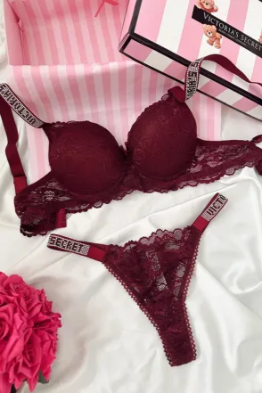 Victoria Secret Taşlı Dantelli Takım - Bordo