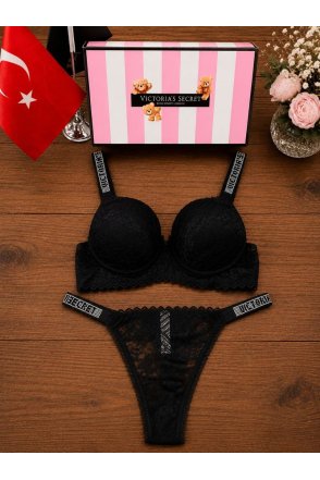 Victoria Secret Taşlı Dantelli Takım - Siyah