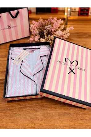 VS Çizgili Uzun Pijama Alt Üst Takım - Pembe