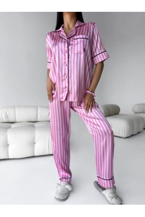 VS Çizgili Uzun Pijama Alt Üst Takım - Pembe