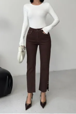 Yanı Yırtmaçlı Flare Paça Mom Kot Pantolon - Kahve