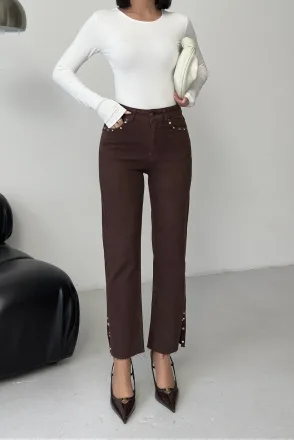 Yanı Yırtmaçlı Flare Paça Mom Kot Pantolon - Kahve