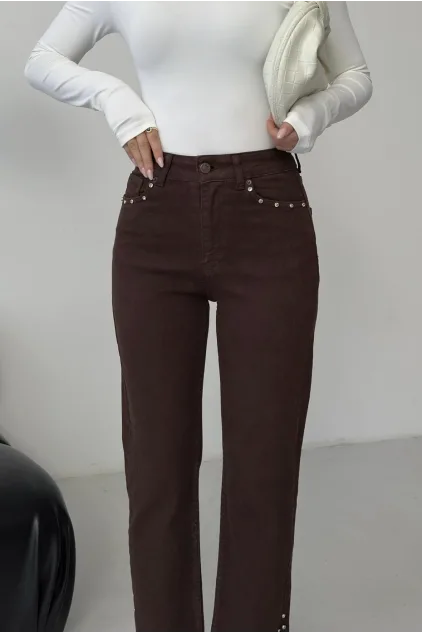 Yanı Yırtmaçlı Flare Paça Mom Kot Pantolon - Kahve