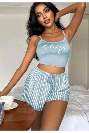 Kadın Mavi Çizgili Desenli Askılı Şortlu Pijama Takım 5001
