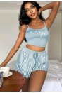 Kadın Mavi Çizgili Desenli Askılı Şortlu Pijama Takım 5001