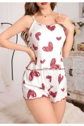 Kadın Beyaz Kalp desenli Şortlu Gecelik Pijama Takımı