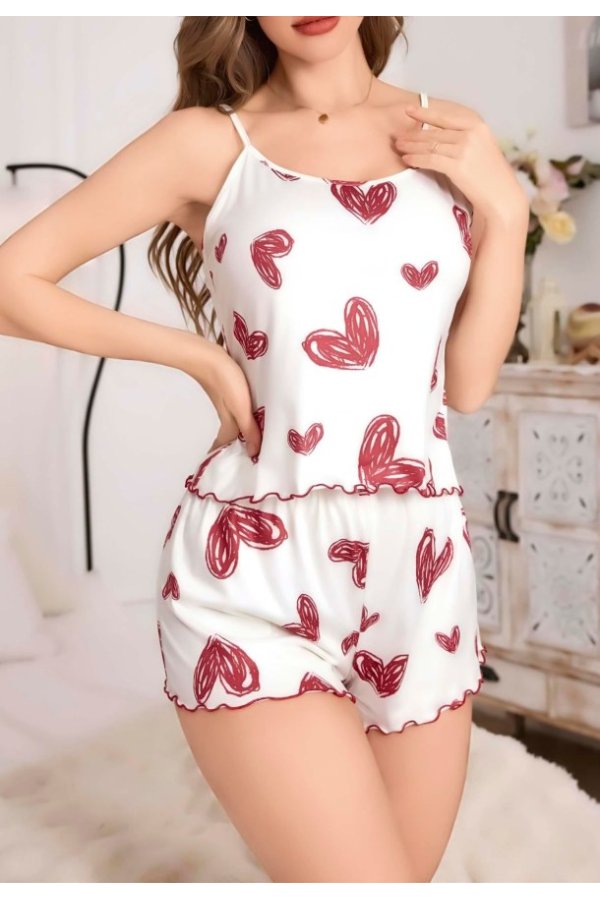 Kadın Beyaz Kalp desenli Şortlu Gecelik Pijama Takımı