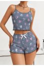 Kadın Gri Kalp Desenli Dantel Askılı Şortlu Pijama Takımı 5265