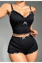 Kadın Siyah Fitilli Askılı Şortlu Pijama Takım