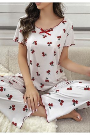 Kadın Beyaz Kiraz Desenli Kısa Kollu Yumuşak Pijama Takımı