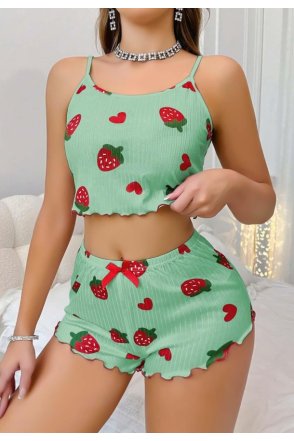 Kadın Yeşil Çilek desenli Şortlu Pijama Takımı