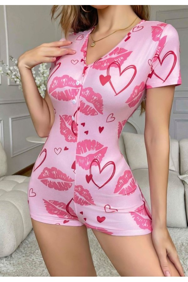 Kadın Pembe Kalp ve Öpücük Baskılı Pijama Tulumu 5107