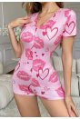 Kadın Pembe Kalp ve Öpücük Baskılı Pijama Tulumu 5107
