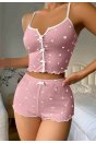 Kadın Pembe Kalpli Askılı Şortlu Pijama Takım 5009