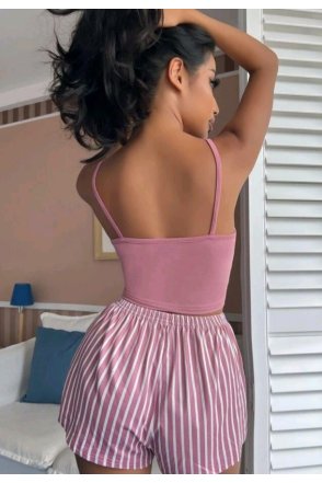Kadın Pembe Çizgili Desen Askılı Şortlu Pijama Takım