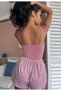 Kadın Pembe Çizgili Desen Askılı Şortlu Pijama Takım