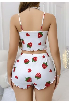 Kadın Beyaz Çilek desenli Şortlu Pijama Takımı 5053