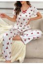 Kadın Beyaz Kiraz Desenli Kısa Kollu Yumuşak Pijama Takımı