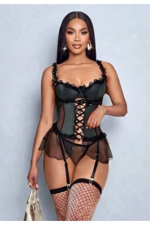 Kadın Siyah Lame Deri Fantezi Kostüm Elbise Seksi Gece Fantezi Kostüm 9002