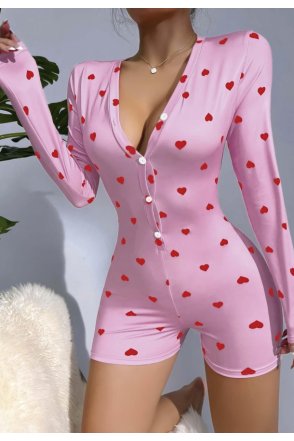 Kadın Pembe Kalp Desenli Pijama Tulumu 5121
