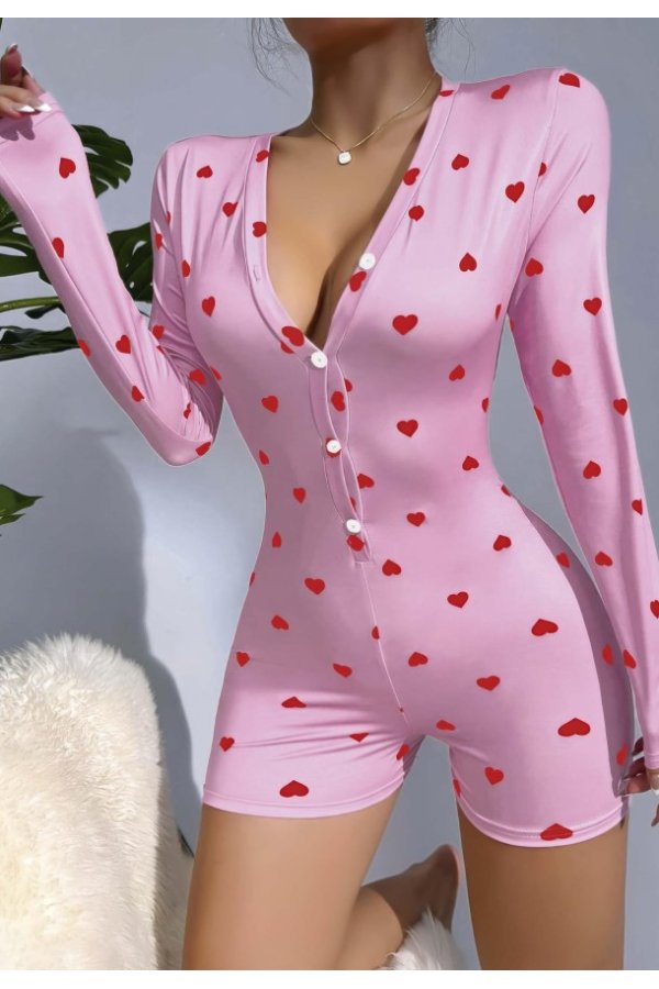 Kadın Pembe Kalp Desenli Pijama Tulumu 5121
