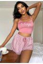 Kadın Pembe Çizgili Desen Askılı Şortlu Pijama Takım