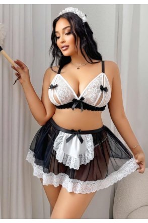 Kadın Büyük Beden  Seksi Hizmetçi Kostüm Fantezi Transparan Tül Fantezi Erotik 8006