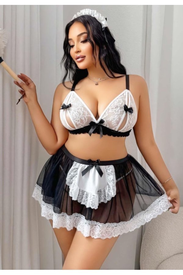 Kadın Büyük Beden  Seksi Hizmetçi Kostüm Fantezi Transparan Tül Fantezi Erotik 8006