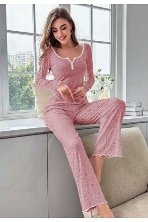 Kadın Çiçek Desenli Yumuşak Pamuklu Uzun Pijama Takımı