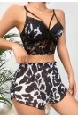 Kadın Siyah Leopar desenli Dantel detaylı Şortlu Gecelik Pijama Takımı