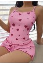 Kadın Pembe Kalp Desenli Askılı Şortlu Takım