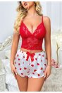 Kadın Kırmızı Kalp Desenli Şort Askılı Dantel Üst Pijama Takımı