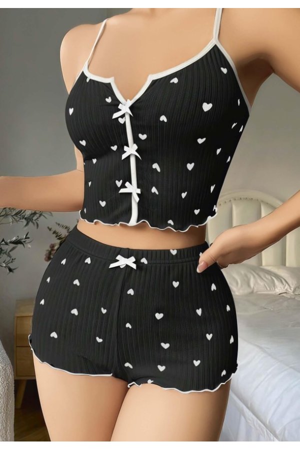 Kadın Siyah Kalp Desenli Askılı Şortlu Pijama Takım 5008