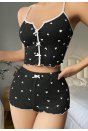 Kadın Siyah Kalp Desenli Askılı Şortlu Pijama Takım 5008