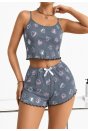 Kadın Gri Kalp Desenli Dantel Askılı Şortlu Pijama Takımı 5265