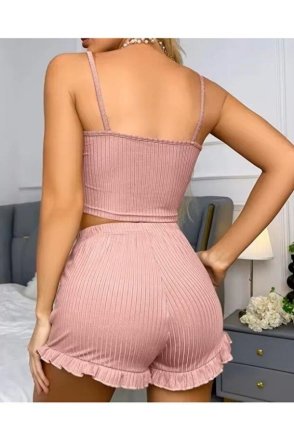 Kadın Pudra Dantel Detaylı Şortlu Gecelik Pijama Takımı