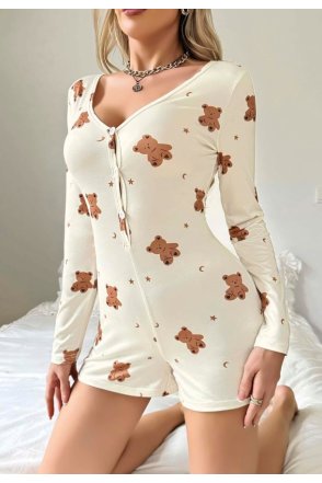 Kadın Bej Ayıcık Desenli Pijama Tulumu 5123