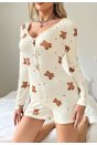 Kadın Bej Ayıcık Desenli Pijama Tulumu 5123