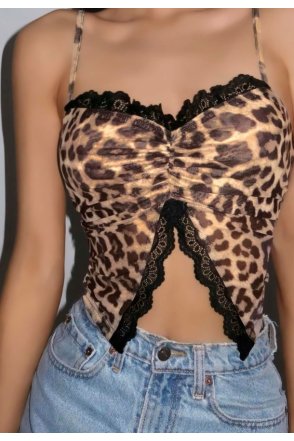 Kadın Leopar Desenli Crop Önden Dantel detaylı 5095