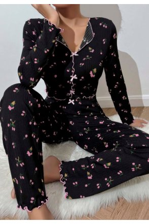 Kadın Çiçek ve Fiyonk Desenli Yumuşak Pamuklu Uzun Pijama Takımı 5134