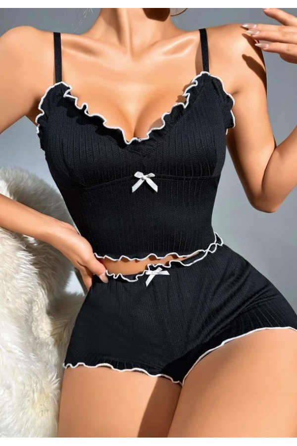 Kadın Siyah Fitilli Askılı Şortlu Pijama Takım