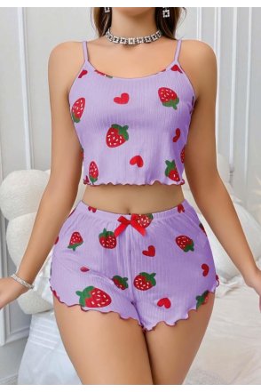Kadın Mor Çilek desenli Şortlu Pijama Takımı 5061