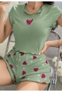 Kadın Yeşil Çilek Desenli Askılı Şortlu Pijama Takım 5004
