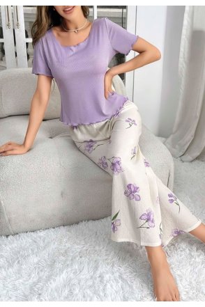 Kadın Mor Çiçek Desenli Yumuşak Pamuklu Uzun Pijama Takımı