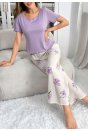 Kadın Mor Çiçek Desenli Yumuşak Pamuklu Uzun Pijama Takımı