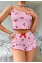 Kadın Pembe Kiraz Desenli Askılı Şortlu Pijama Takım