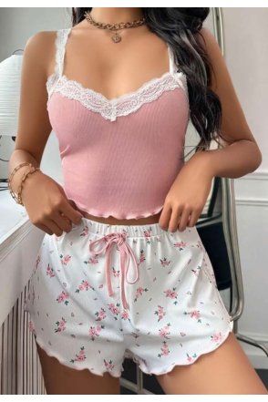 Kadın Çiçek Desenli Dantel Askılı Şortlu Pijama Takımı