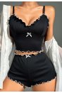 Kadın Siyah Fitilli Askılı Şortlu Pijama Takım