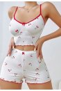 Kadın Vişne Desenli Dantel Askılı Şortlu Pijama Takımı
