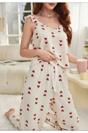 Kadın Ekru Kırmızı Kalp Desenli Yumuşak Pamuklu Uzun Pijama Takımı 5136